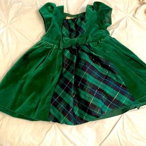 Green velvet and plaid holiday dress with capped sleeves and underlay. 24 months
